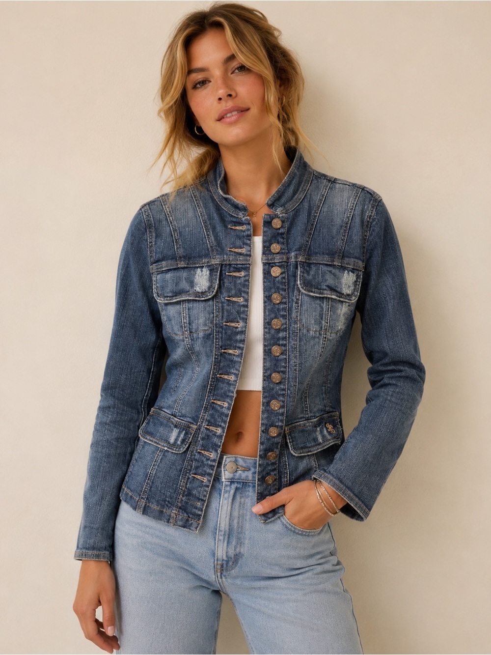 See Thru Soul Faded Blue Denim Military-Style Jacket